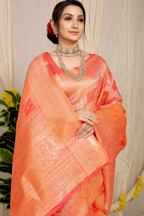 VastraLakshmi Dazzling Peach Kanjivaram Silk Saree With Glittering Blouse Piece