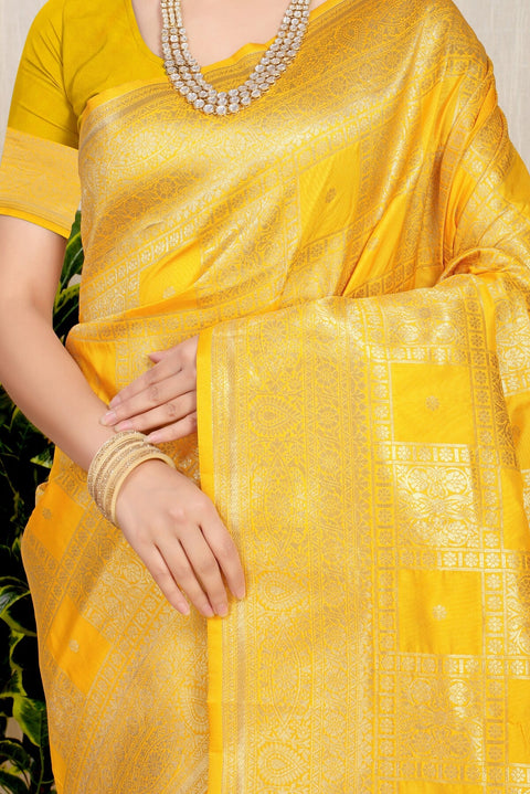 VastraLakshmi Eye-catching Yellow Kanjivaram Silk Saree With Glittering Blouse Piece