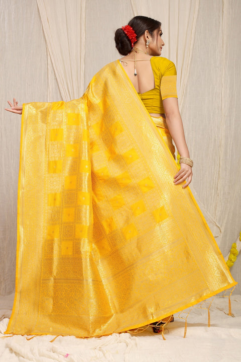 VastraLakshmi Eye-catching Yellow Kanjivaram Silk Saree With Glittering Blouse Piece