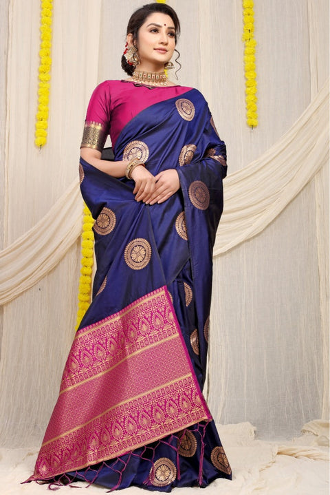 VastraLakshmi Gorgeous Navy Blue Kanjivaram Silk Saree and Angelic Blouse Piece