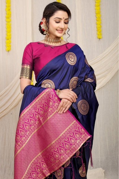 VastraLakshmi Gorgeous Navy Blue Kanjivaram Silk Saree and Angelic Blouse Piece