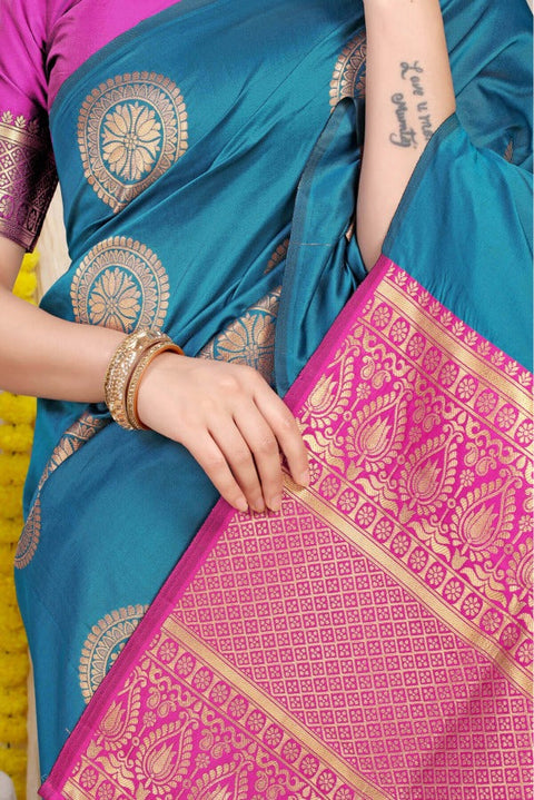 VastraLakshmi Elegant Firozi Kanjivaram Silk Saree and Angelic Blouse Piece