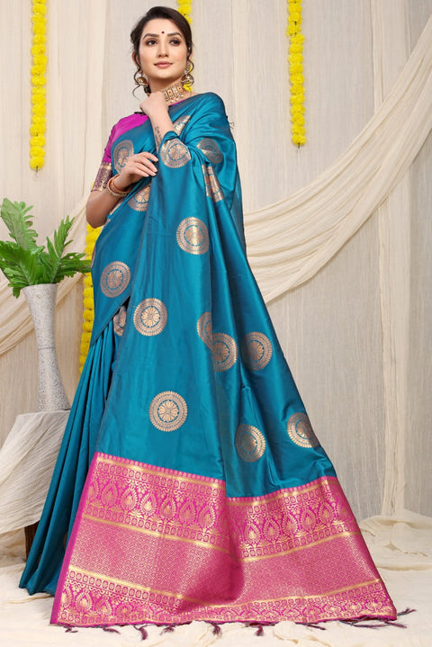 VastraLakshmi Elegant Firozi Kanjivaram Silk Saree and Angelic Blouse Piece