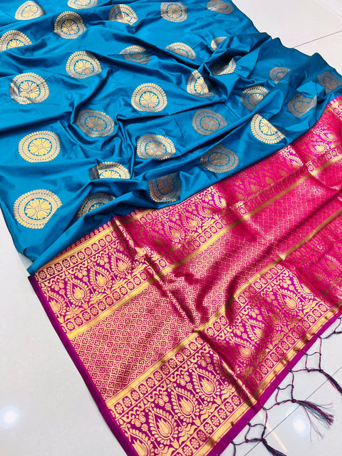 VastraLakshmi Elegant Firozi Kanjivaram Silk Saree and Angelic Blouse Piece