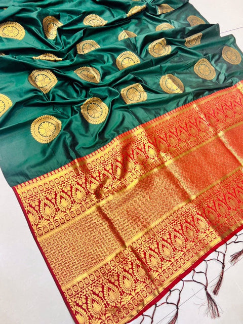 VastraLakshmi Gleaming Green Kanjivaram Silk Saree and Angelic Blouse Piece