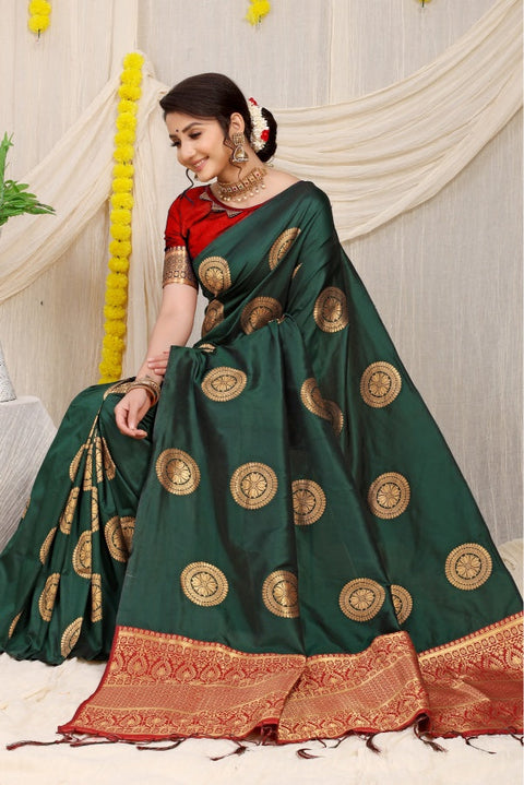 VastraLakshmi Gleaming Green Kanjivaram Silk Saree and Angelic Blouse Piece