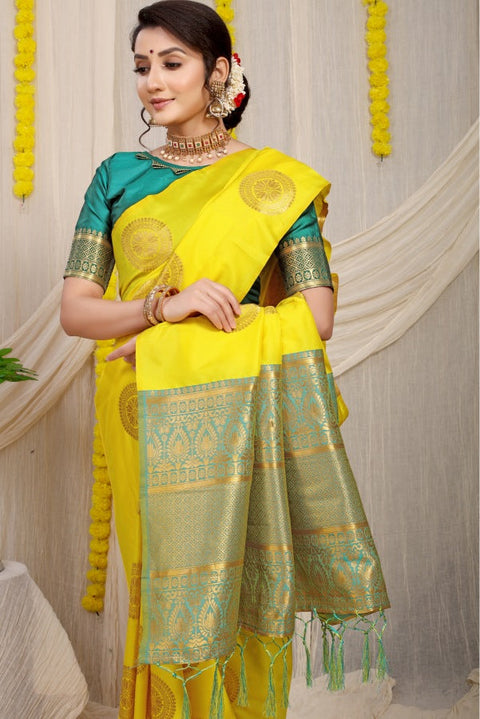 VastraLakshmi Attractive Lemon Kanjivaram Silk Saree and Angelic Blouse Piece