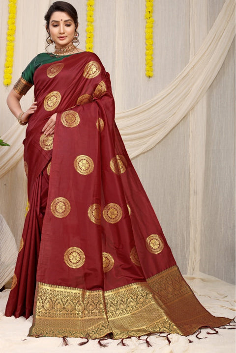 VastraLakshmi Sensational Maroon Kanjivaram Silk Saree and Angelic Blouse Piece