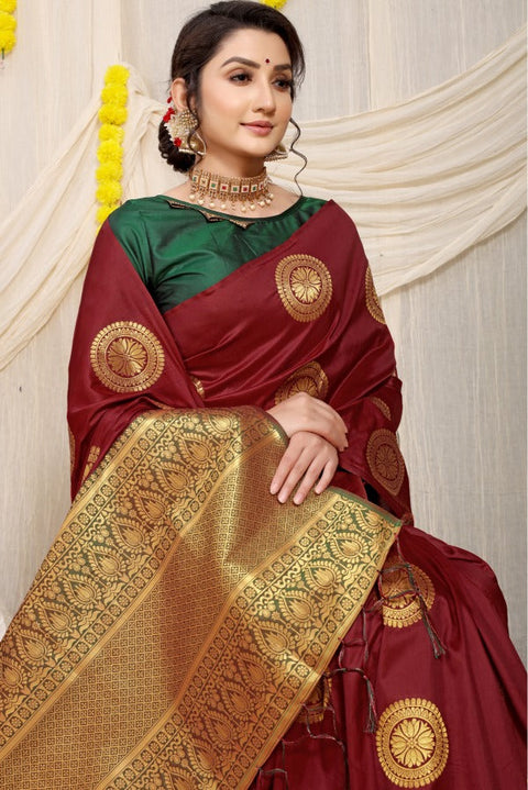 VastraLakshmi Sensational Maroon Kanjivaram Silk Saree and Angelic Blouse Piece