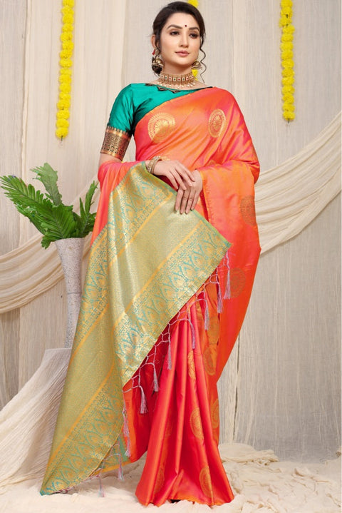 VastraLakshmi Mesmerising Orange Kanjivaram Silk Saree and Angelic Blouse Piece