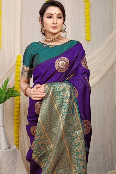 VastraLakshmi Eye-catching Royal Blue Kanjivaram Silk Saree and Angelic Blouse Piece