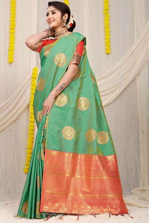 VastraLakshmi Desiring Sea Green Kanjivaram Silk Saree and Angelic Blouse Piece