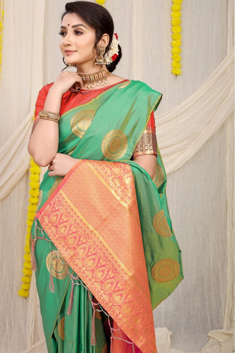 VastraLakshmi Desiring Sea Green Kanjivaram Silk Saree and Angelic Blouse Piece