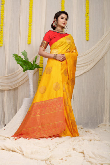 VastraLakshmi Ethnic Yellow Kanjivaram Silk Saree and Angelic Blouse Piece