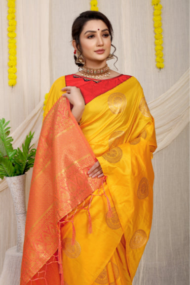 VastraLakshmi Ethnic Yellow Kanjivaram Silk Saree and Angelic Blouse Piece