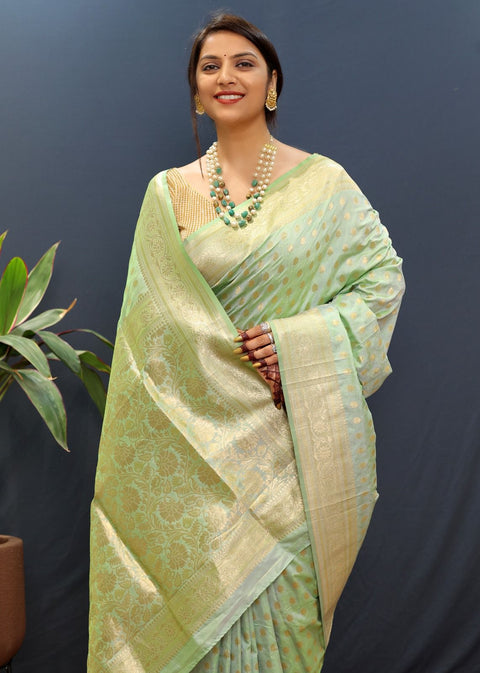 VastraLakshmi Snazzy Pista Soft Banarasi Silk Saree With Confounding Blouse Piece