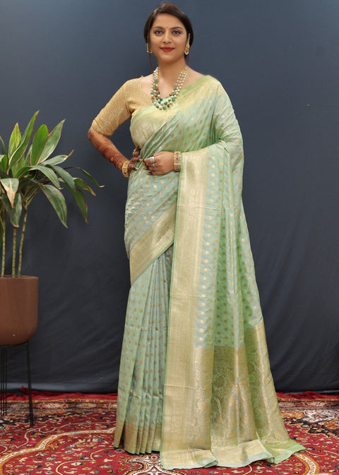 VastraLakshmi Snazzy Pista Soft Banarasi Silk Saree With Confounding Blouse Piece