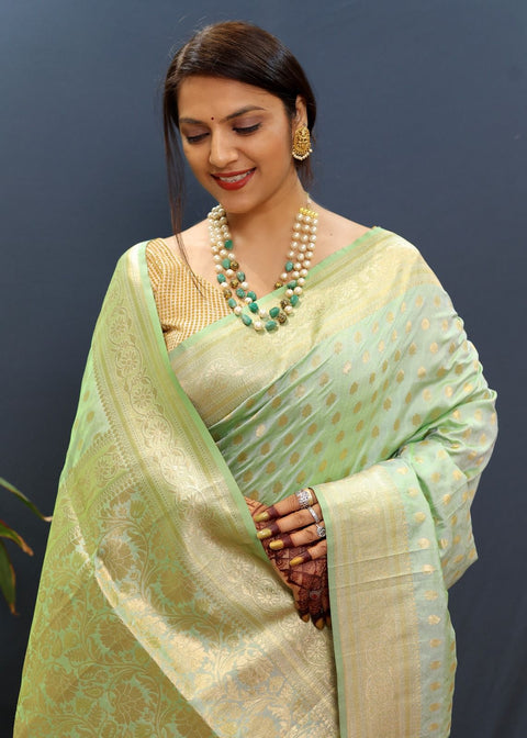 VastraLakshmi Snazzy Pista Soft Banarasi Silk Saree With Confounding Blouse Piece