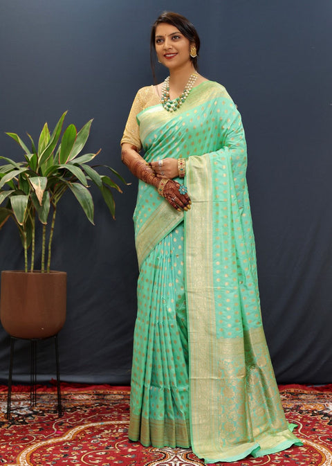 VastraLakshmi Woebegone Turquoise Soft Banarasi Silk Saree With Sumptuous Blouse Piece