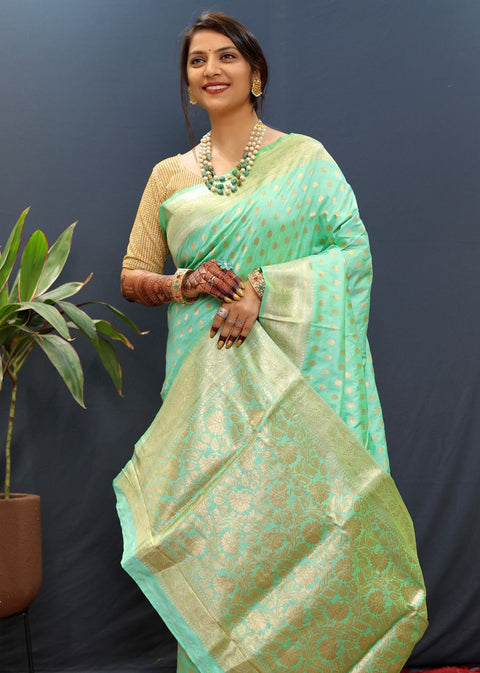 VastraLakshmi Woebegone Turquoise Soft Banarasi Silk Saree With Sumptuous Blouse Piece