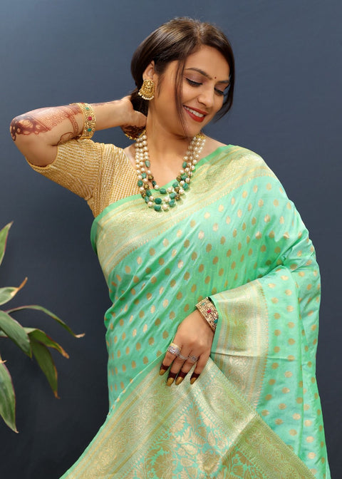 VastraLakshmi Woebegone Turquoise Soft Banarasi Silk Saree With Sumptuous Blouse Piece