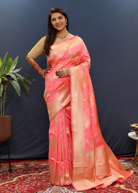 VastraLakshmi Pleasurable Baby Pink Soft Banarasi Silk Saree With Tantalizing Blouse Piece