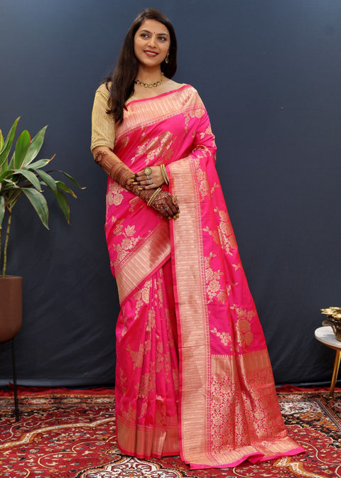 VastraLakshmi Propinquity Dark Pink Soft Banarasi Silk Saree With Ineffable Blouse Piece