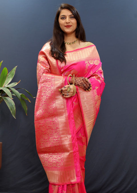 VastraLakshmi Propinquity Dark Pink Soft Banarasi Silk Saree With Ineffable Blouse Piece