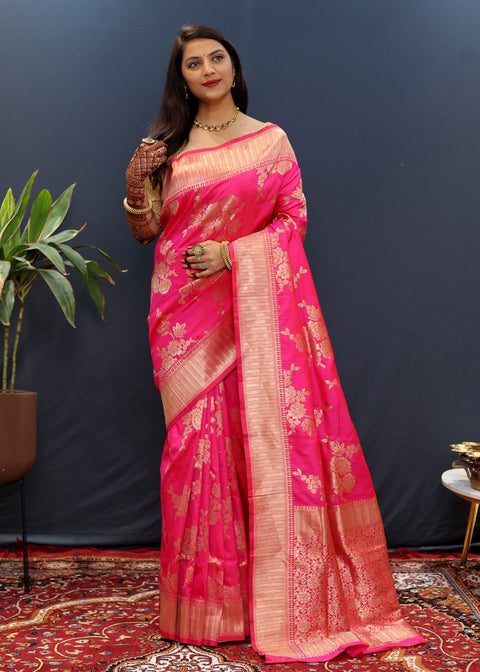 VastraLakshmi Propinquity Dark Pink Soft Banarasi Silk Saree With Ineffable Blouse Piece