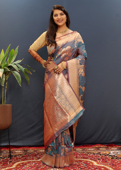 VastraLakshmi Imbrication Grey Soft Banarasi Silk Saree With Zephyr Blouse Piece