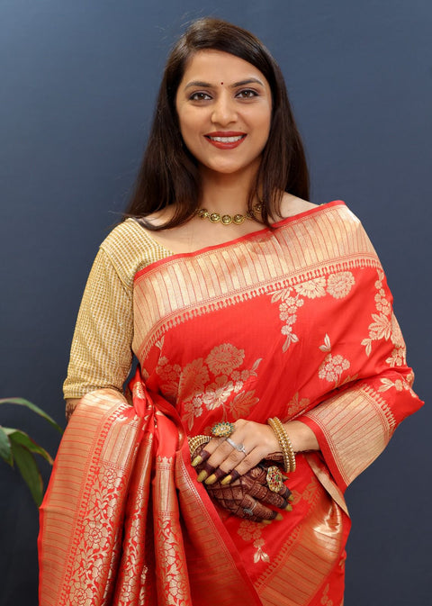 VastraLakshmi Assemblage Red Soft Banarasi Silk Saree With Exquisite Blouse Piece