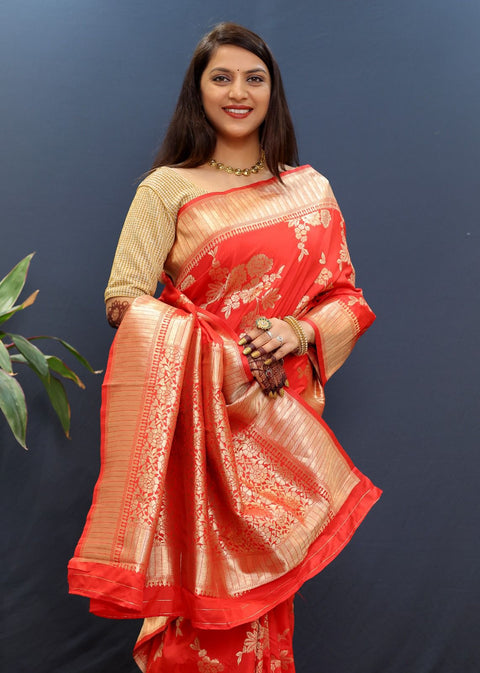 VastraLakshmi Assemblage Red Soft Banarasi Silk Saree With Exquisite Blouse Piece