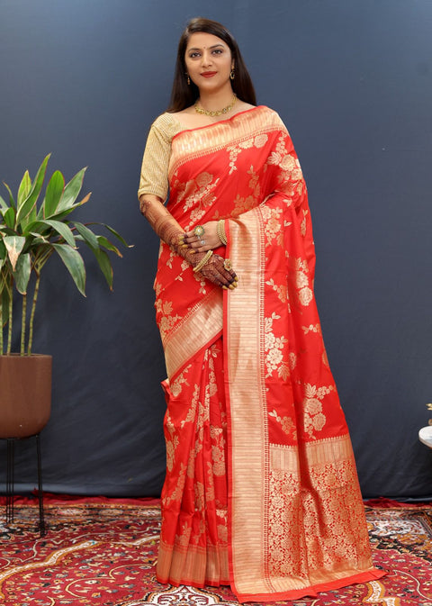 VastraLakshmi Assemblage Red Soft Banarasi Silk Saree With Exquisite Blouse Piece