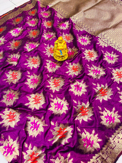 VastraLakshmi Designer Purple Banarasi Silk Saree With Ailurophile Blouse Piece