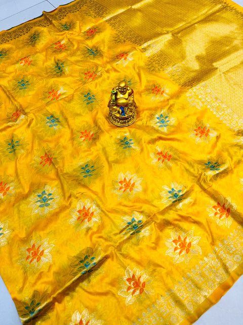 VastraLakshmi Ethnic Yellow Banarasi Silk Saree With Traditional Blouse Piece