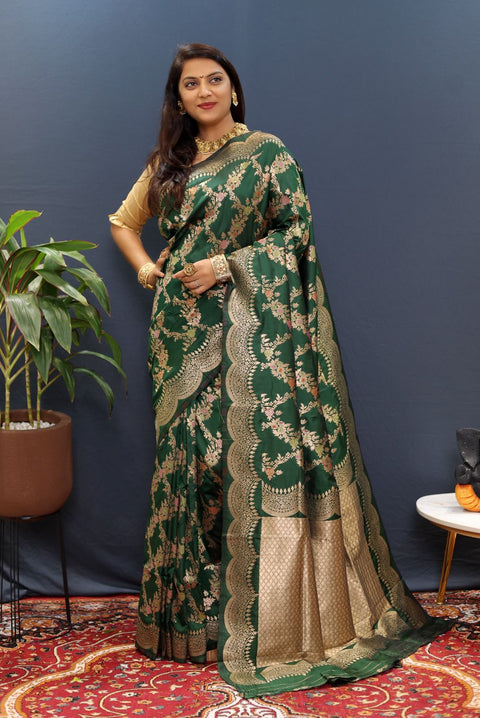 VastraLakshmi Flattering Dark Green Soft Banarasi Silk Saree With Alluring Blouse Piece