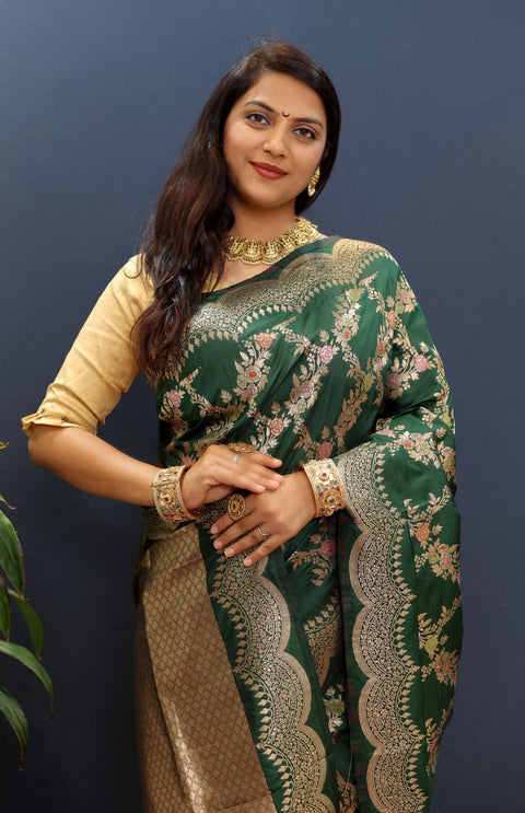 VastraLakshmi Flattering Dark Green Soft Banarasi Silk Saree With Alluring Blouse Piece