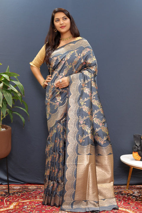 VastraLakshmi Impressive Grey Soft Banarasi Silk Saree With Appealing Blouse Piece