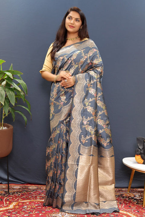 VastraLakshmi Impressive Grey Soft Banarasi Silk Saree With Appealing Blouse Piece