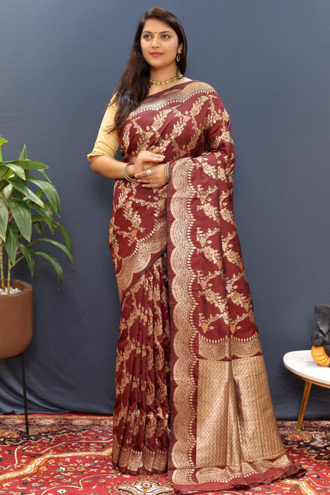 VastraLakshmi Twirling Maroon Soft Banarasi Silk Saree With Exceptional Blouse Piece