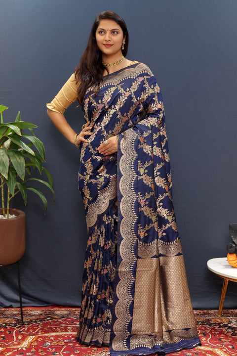 VastraLakshmi Glorious Navy Blue Soft Banarasi Silk Saree With Bewitching Blouse Piece