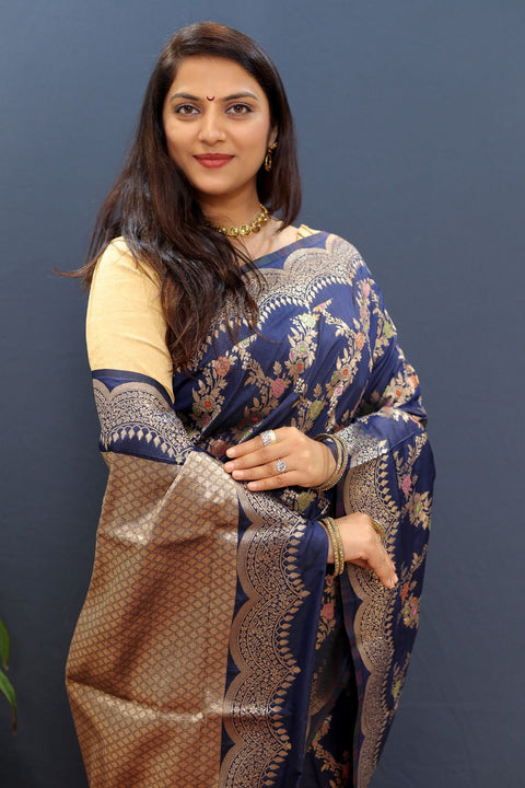 VastraLakshmi Glorious Navy Blue Soft Banarasi Silk Saree With Bewitching Blouse Piece