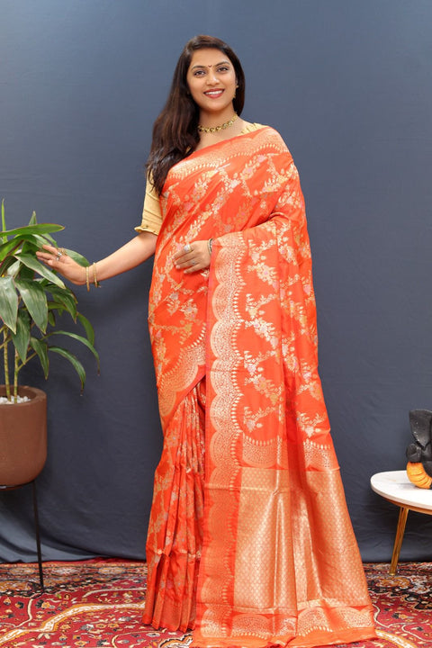 VastraLakshmi Chatoyant Peach Soft Banarasi Silk Saree With Desuetude Blouse Piece