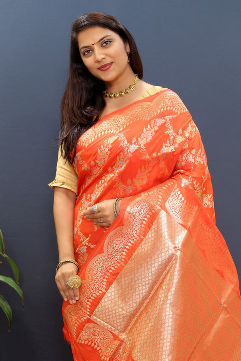 VastraLakshmi Chatoyant Peach Soft Banarasi Silk Saree With Desuetude Blouse Piece