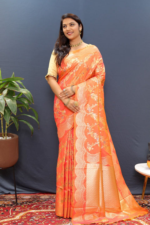 VastraLakshmi Chatoyant Peach Soft Banarasi Silk Saree With Desuetude Blouse Piece