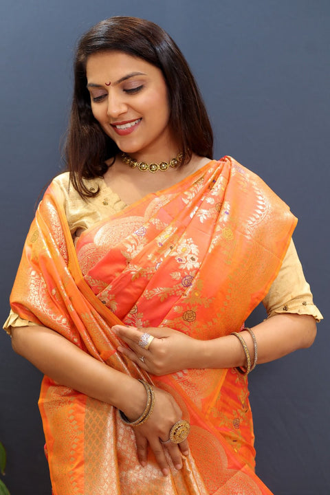 VastraLakshmi Chatoyant Peach Soft Banarasi Silk Saree With Desuetude Blouse Piece