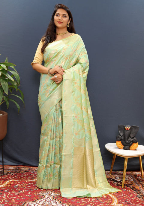 VastraLakshmi Gossamer Pista Soft Banarasi Silk Saree With Lassitude Blouse Piece