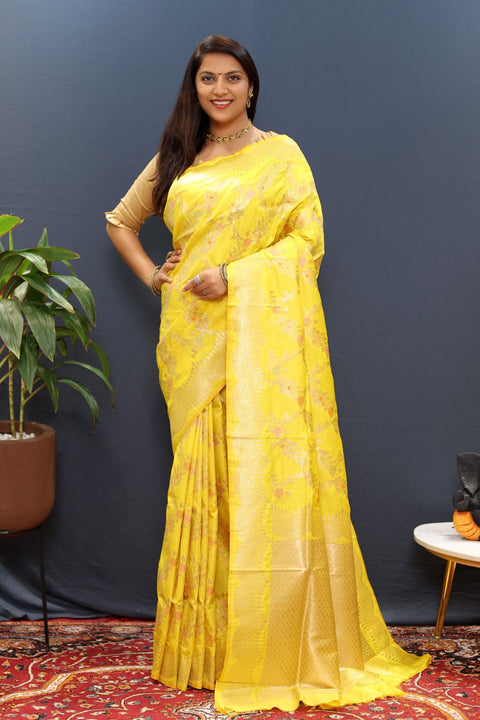 VastraLakshmi Delectable Yellow Soft Banarasi Silk Saree With Pleasurable Blouse Piece