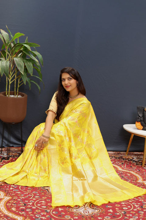 VastraLakshmi Delectable Yellow Soft Banarasi Silk Saree With Pleasurable Blouse Piece