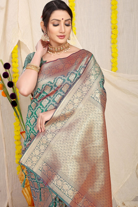 VastraLakshmi Redolent Rama Kanjivaram Silk With Evocative Blouse Piece